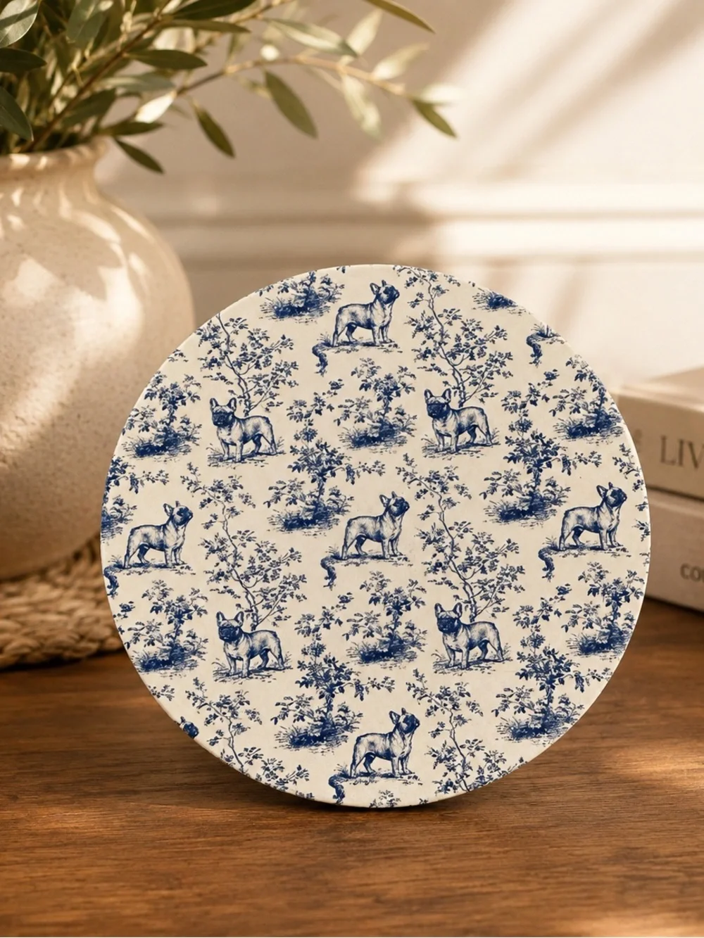 Blue and White French Bulldog Pattern Ceramic Coaster